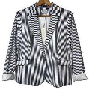 NWT Rachel Zoe White Blue Striped Seersucker Coastal Preppy Nautical Blazer XL